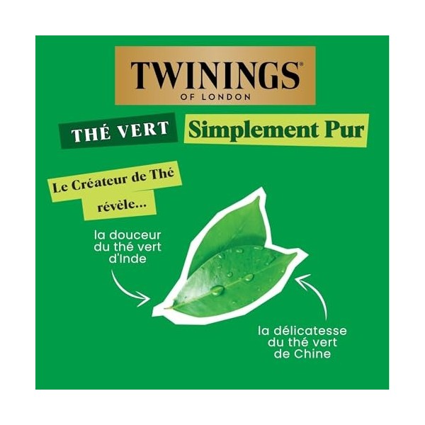 Twinings - Thé Vert Simplement Pur - 25 Sachets - Délicat et Subtil - à Déguster Chaud ou Froid Thé vert
