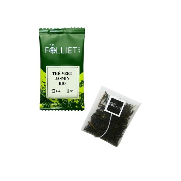 CAFÉS FOLLIET - Thé Vert Bio - Jasmin - Tonifiant & Reboostant - Sachets dorigine végétale - 24 Sachets