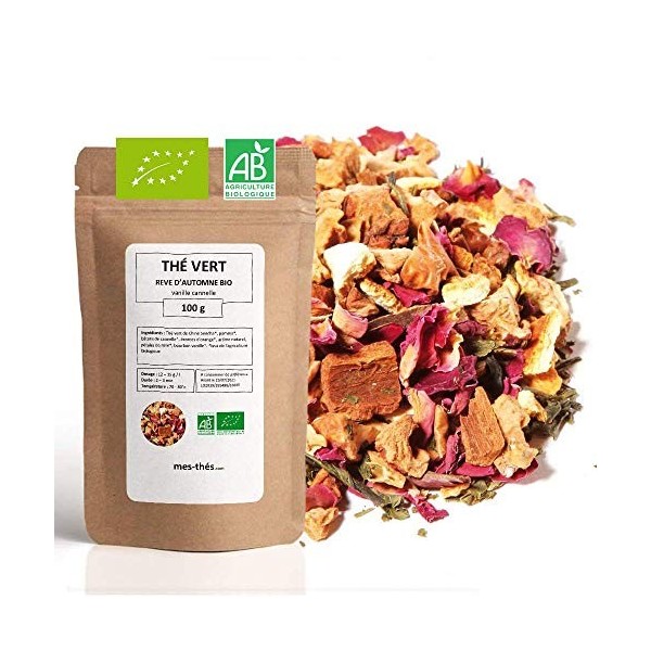 Thé Vert bio aromatisé Vanille Cannelle - 100g 40 tasses - Thé en vrac 100% agriculture biologique - Mes-Thés Thé vert