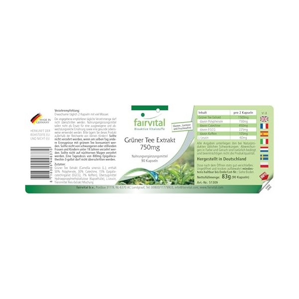Fairvital | Extrait de thé vert - 90 gélules - 1500mg dextrait de thé vert par dose journalière - 50% polyphénols, 30% catéc