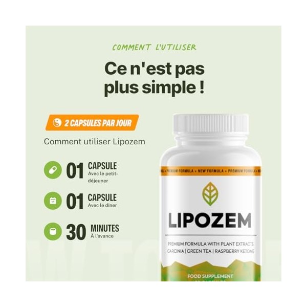 Lipozem Formule Premium aux Plantes 450 mg – 60 Gélules Végétales – Fabriqué dans l’UE – Avec Extrait de Framboise, Guarana, 