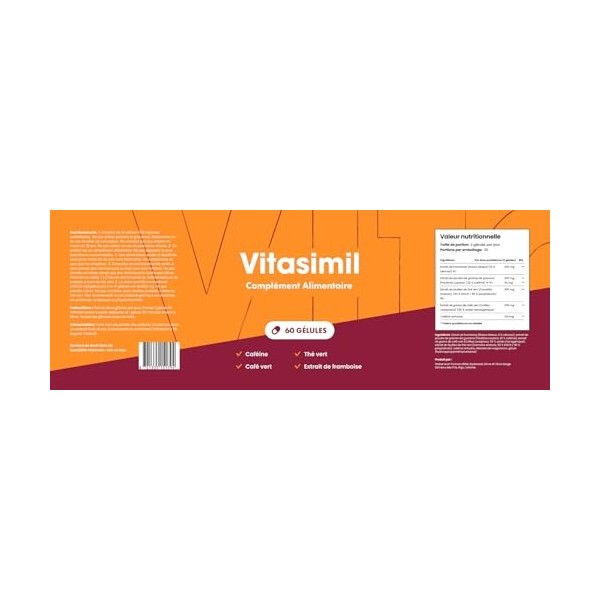 Vitasimil – Framboise, Guarana, Thé Vert, Café Vert – 60 Gélules – Complément Alimentaire