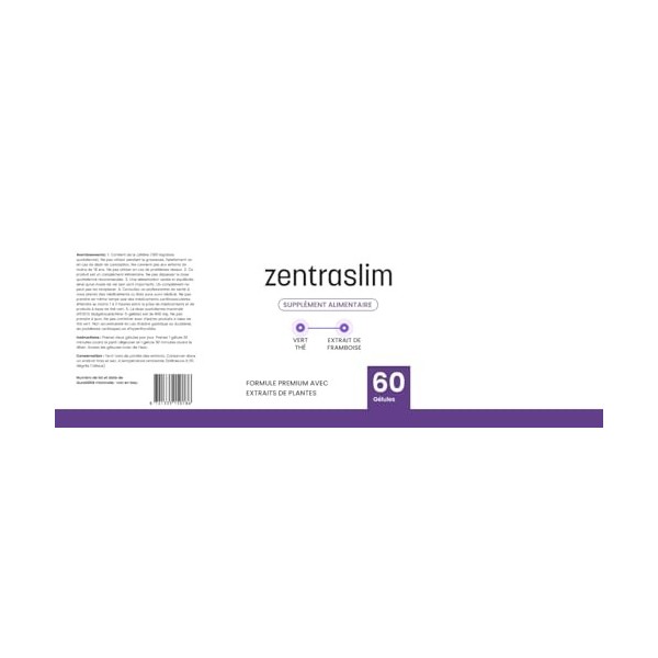 Zentraslim – Formule premium aux extraits de plantes : Thé vert & extrait de framboise, 60 gélules, complément alimentaire