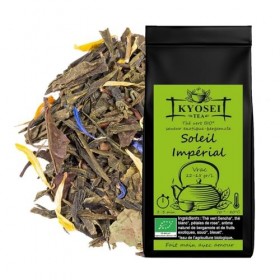 Kyosei Tea – Thé Vert Bio Premium "Soleil Impérial" – Vrac 100g – Thé Vert Sencha & Thé Blanc aux Fruits Exotiques et Bergamo