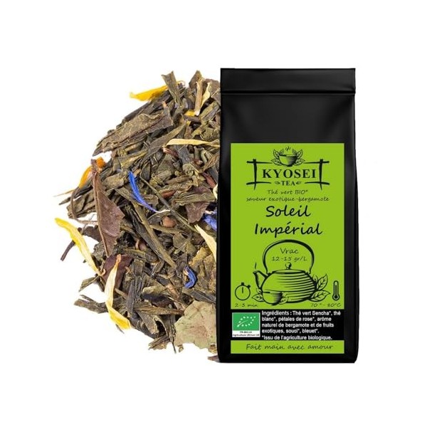 Kyosei Tea – Thé Vert Bio Premium "Soleil Impérial" – Vrac 100g – Thé Vert Sencha & Thé Blanc aux Fruits Exotiques et Bergamo