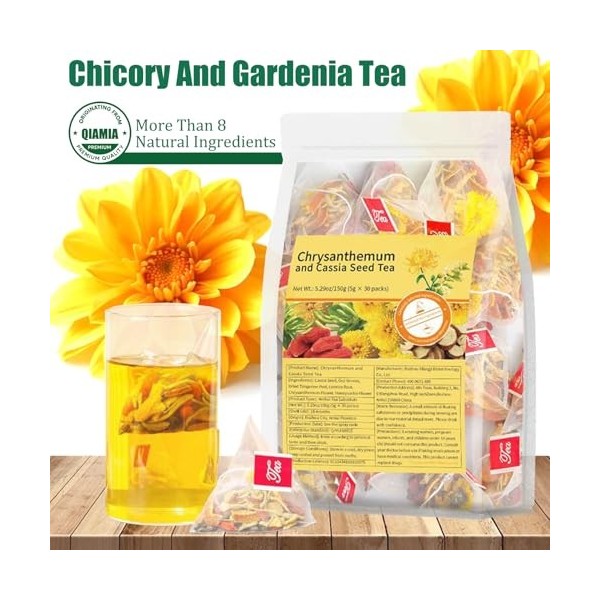30 Bags Chicory and Gardenia Tea, Chrysanthemum and Cassia Seed Tea, Supports Kidney & Liver Health, 8 Ingredients Including ...