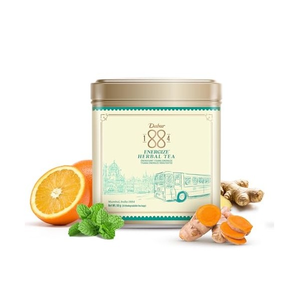 Thé aux herbes énergisant Dabur 1884 | 20 sachets 50 g | Ingrédients 100% naturels | Boîte en aluminium recyclable | Renfor