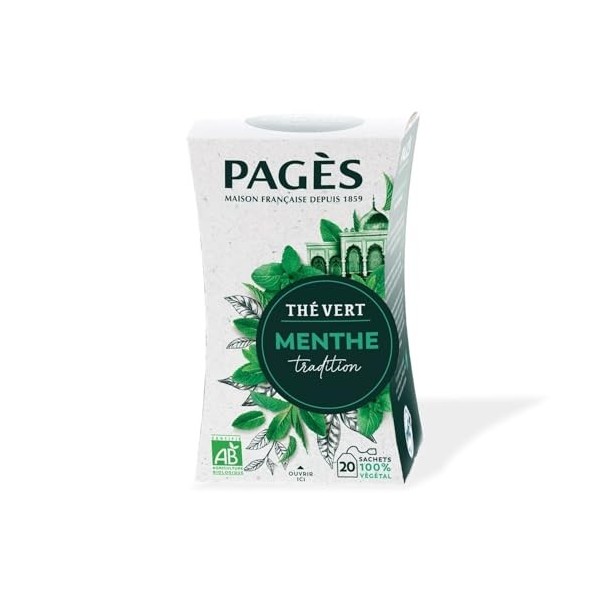 PAGES – Thé Vert Bio à la Menthe Fraîche, Infusion Revigorante et Naturelle Boîte 20 sachets - Le Lot De 4