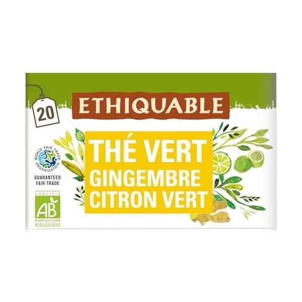 ETHIQUABLE – Infusion Revitalisante Gingembre Citron Vert Bio, Pure Saveur Ceylan 20 Sachets - Le Lot De 4