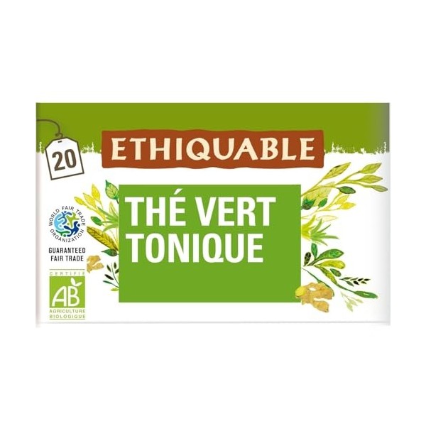 ETHIQUABLE – Thé Vert Revigorant Bio de Ceylan, Saveur Fraîche et Tonique 20 Sachets - Le Lot De 4