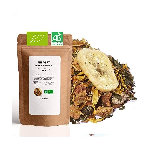 Thé Vert bio Pomme Banane Crêpes BIO - 100g 40 tasses - Thé en vrac 100% agriculture biologique - Mes-Thés Thé vert