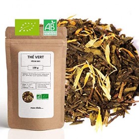 Thé Vert bio aromatisé Pêche - 100g 40 tasses - Thé en vrac 100% agriculture biologique - Mes-Thés