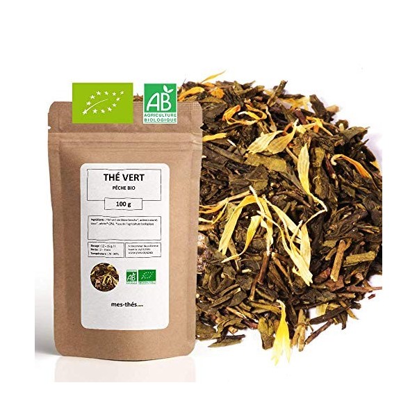 Thé Vert bio aromatisé Pêche - 100g 40 tasses - Thé en vrac 100% agriculture biologique - Mes-Thés