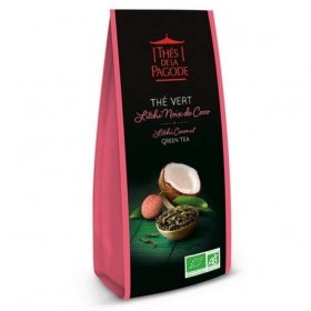 Thé vert litchi coco bio par Thés de La pagode⎢Mélange thé vert chun mee au litchi et à la noix de coco - Sachet vrac 100 gra