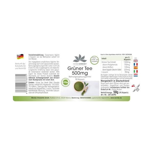 Extrait de thé vert - 90 gélules - 1500mg par dose journalière - EGCG - Camellia sinensis - 50% de polyphénols - végétalien |