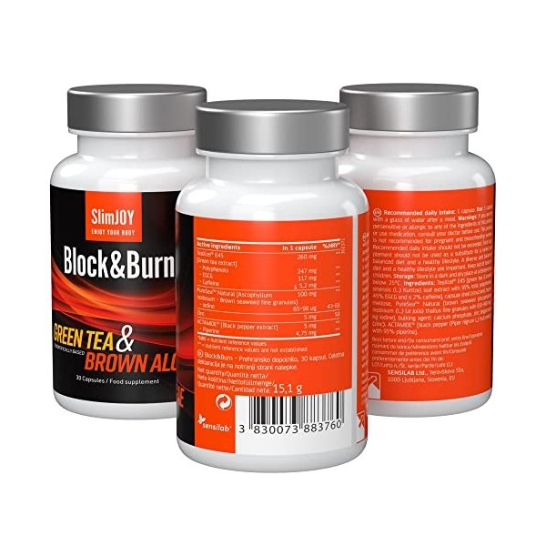 Block&Burn – Extrait de Thé Vert et Algues Brunes – Riche en Iode, Zinc et Pipérine – 90 Gélules pour 90 Jours, Sensilab Slim...