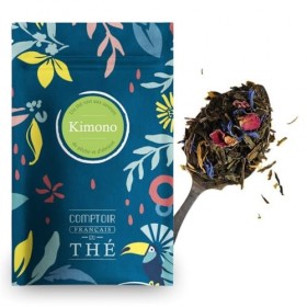 100g de Thé Vert aux saveurs de pêche et d’abricot - Délicieux Chaud ou Glacé | Kimono COMPTOIR FRANÇAIS DU THÉ Thé vert