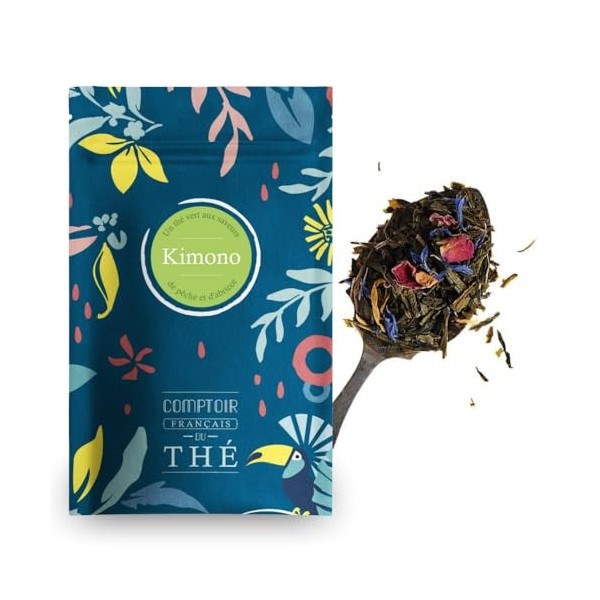 100g de Thé Vert aux saveurs de pêche et d’abricot - Délicieux Chaud ou Glacé | Kimono COMPTOIR FRANÇAIS DU THÉ Thé vert