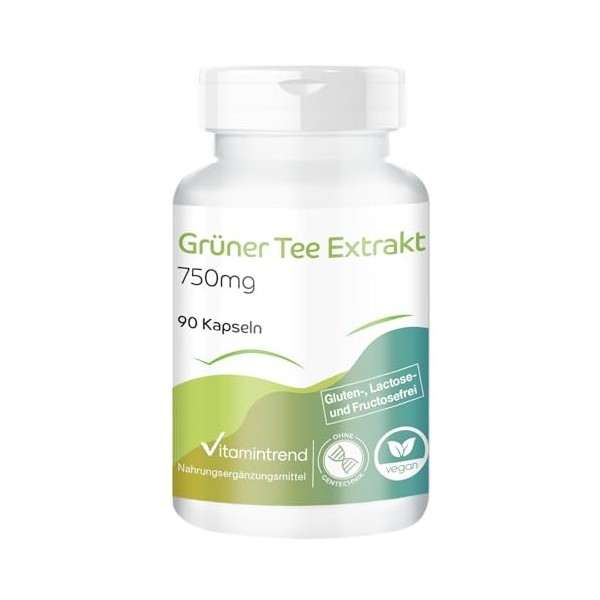 Extrait de thé vert 750mg - 1500mg par dose journalière dont 225mg EGCG - 90 gélules- hautement dosé - dosage sûr - vegan - s