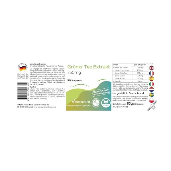 Extrait de thé vert 750mg - 1500mg par dose journalière dont 225mg EGCG - 90 gélules- hautement dosé - dosage sûr - vegan - s