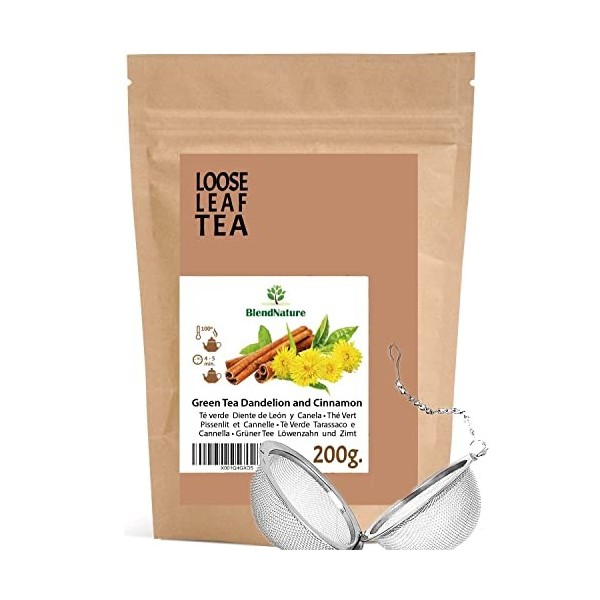 Thé vert au pissenlit et à la cannelle pour infusion 200g - DETOX diurétique purifiant - 100% naturel et végétalien + Compren