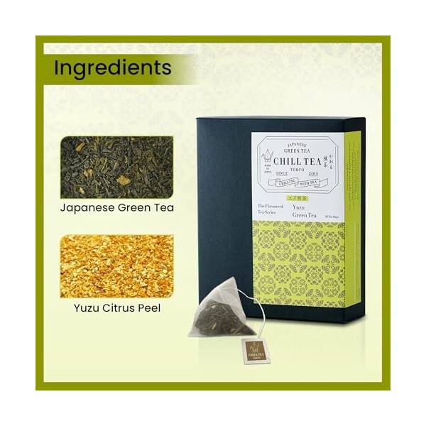 Thé vert au Yuzu de CHILL TEA Tokyo - Thé vert en feuilles 100 % japonais aux agrumes japonais -100% sans plastique sachets -