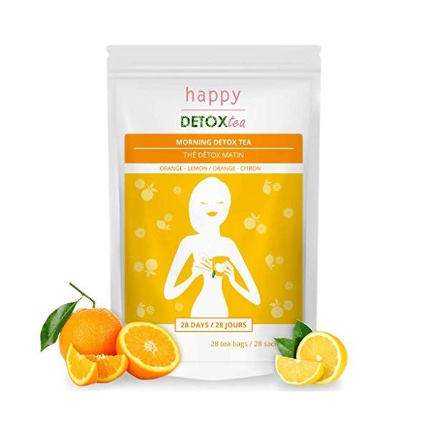 Thé Détox Orange et Citron - Happy Detox Tea - Cure de 4 semaines - 28 sachets - Infusion Ventre Plat - Bien-être - Tonus - B