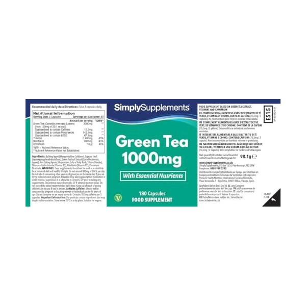 Extrait de Thé Vert 3000mg | Avec Thiamine, Riboflavine & Chrome | Soutient l’Énergie, le Métabolisme & la Défense Antioxydan