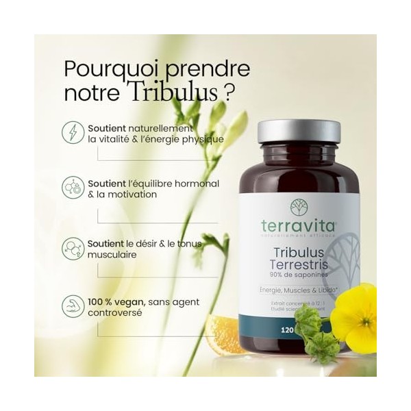 TRIBULUS Terrestris | Hautement Concentré : Extrait 12:1 | Titré à 90% en Saponine | 120 Gélules | 1500 mg par Dose | Perform