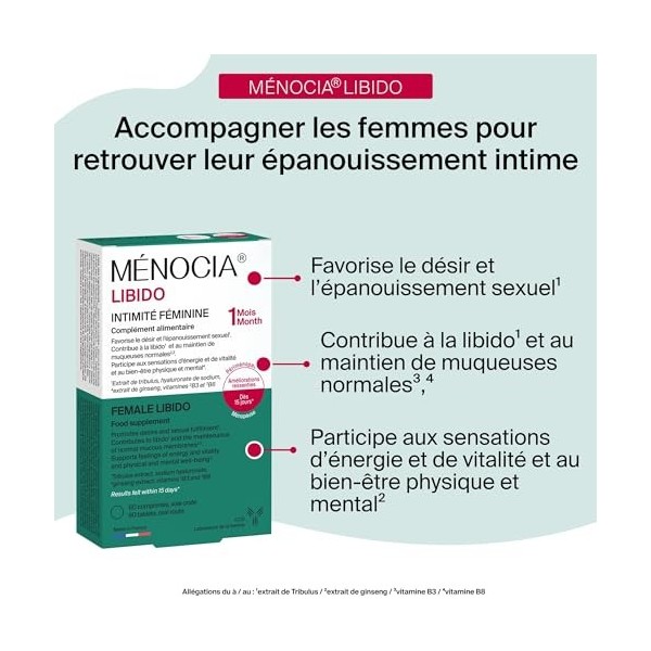 MÉNOCIA® Libido | Complément Alimentaire Intimité Féminine | Tribulus, Ginseng, Vitamines B3 & B8, Hyaluronate | | Libido, Én...