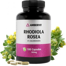 Ambervit Rhodiola rosea 500 mg 180 gélules Extrait de racine titré à 3 % de salidroside Végan, sans agents de remplissage art