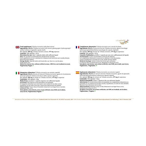 Vita World Pack de 3 Tribulus Terrestris Extrait 500mg 3 x 100 Capsules