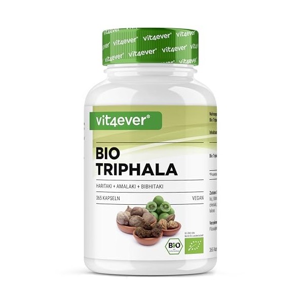 Triphala bio - Haute dose de 2000 mg 500 mg par gélule - 365 gélules - Poudre de Triphala de lInde : Haritaki, Amalaki, Bi