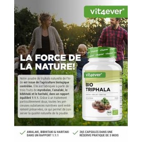 Triphala bio - Haute dose de 2000 mg 500 mg par gélule - 365 gélules - Poudre de Triphala de lInde : Haritaki, Amalaki, Bi