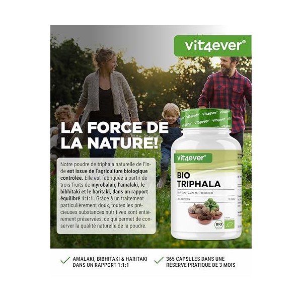 Triphala bio - Haute dose de 2000 mg 500 mg par gélule - 365 gélules - Poudre de Triphala de lInde : Haritaki, Amalaki, Bi