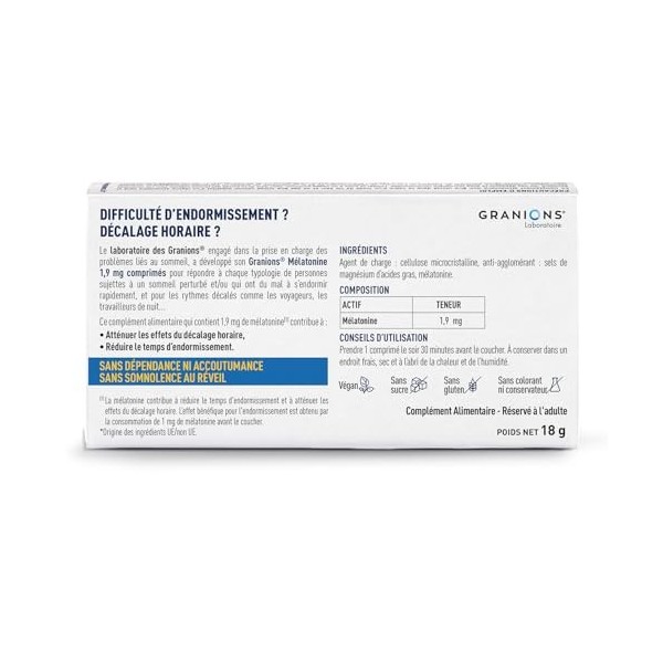 GRANIONS Melatonine 1,9 mg - 30 comprimés -1 mois - Complément alimentaire sommeil - Endormissement plus rapide - Sans accout