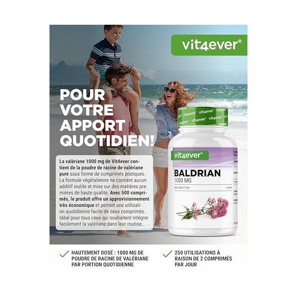 Valériane – 500 comprimés – 1000 mg par portion quotidienne Valeriana officinalis – véritable racine de valériane – plus de
