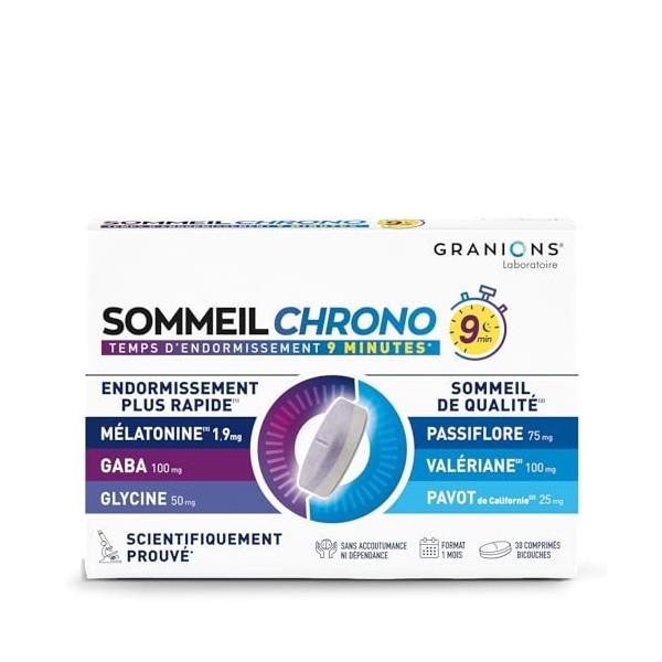 GRANIONS SOMMEIL CHRONO - Melatonine 1,9 mg Sommeil Adulte - Mélatonine + Valeriane + Passiflore + GABA - Sommeil 9 min temps