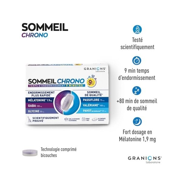GRANIONS SOMMEIL CHRONO - Melatonine 1,9 mg Sommeil Adulte - Mélatonine + Valeriane + Passiflore + GABA - Sommeil 9 min temps