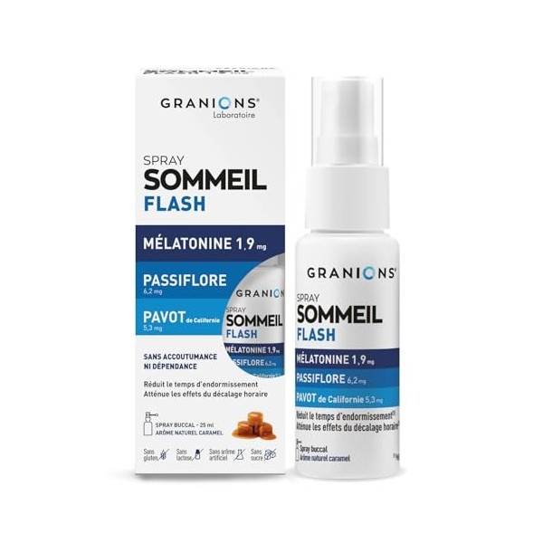 GRANIONS | Spray Sommeil Flash Melatonine 1,9 mg - Melatonine + Passiflore + Pavot de Californie - Dormir Rapidement - Comple