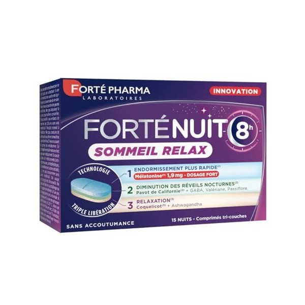 Forté Pharma - FortéNuit 8h Sommeil Relax - Endormissement, Relaxation, Aide au sommeil adulte - Valeriane Melatonine 1,9mg, 
