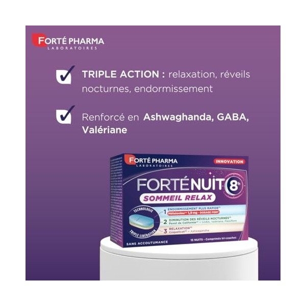 Forté Pharma - FortéNuit 8h Sommeil Relax - Endormissement, Relaxation, Aide au sommeil adulte - Valeriane Melatonine 1,9mg, 