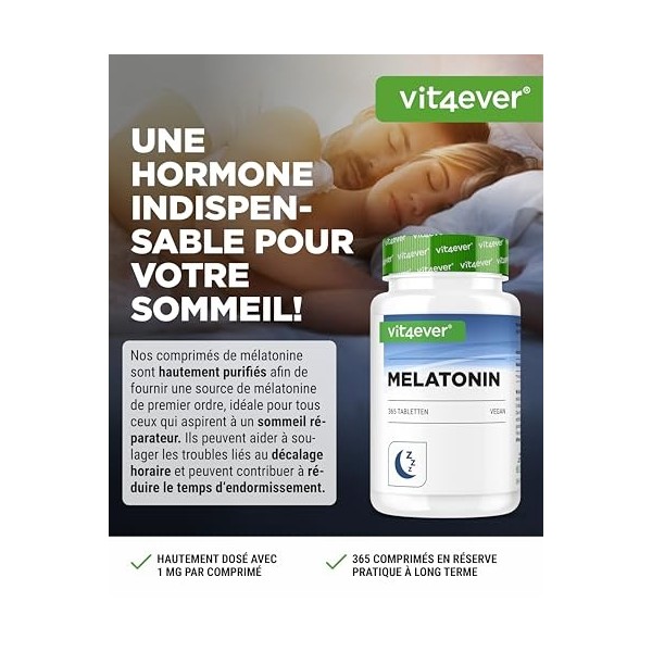 Mélatonine - 365 comprimés - 0,5 mg par dose journalière 1/2 comprimé - Sans additif indésirable - Hautement dosé - Vegan