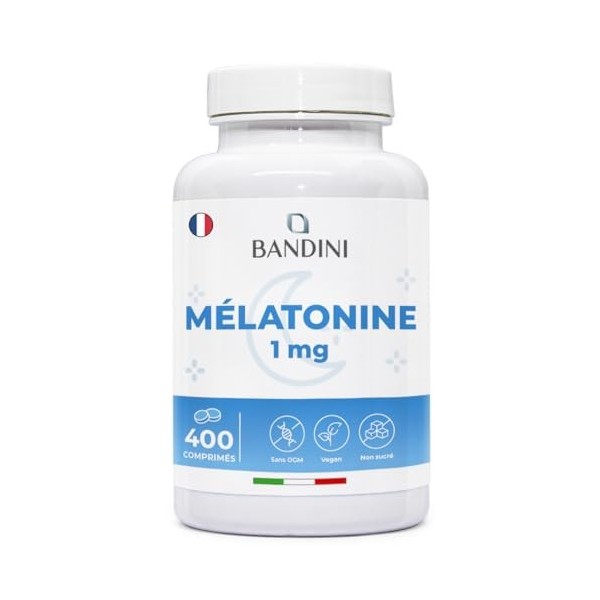Bandini® Mélatonine 400 Comprimés, pure 1mg - Sommeil Rapide et Repos - Complément Alimentaire de Melatonine Fortement Dosé -