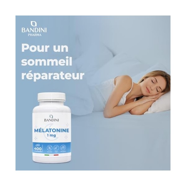 Bandini® Mélatonine 400 Comprimés, pure 1mg - Sommeil Rapide et Repos - Complément Alimentaire de Melatonine Fortement Dosé -