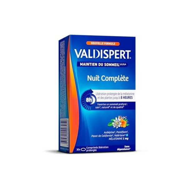 VALDISPERT- Nuit Complète - Maintien du Sommeil - Mélatonine et plantes - Libération prolongée 8h - Ingrédients Vegan - Compl