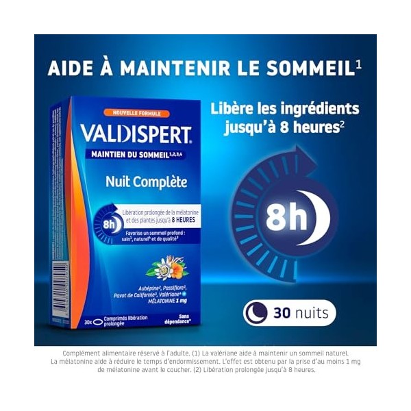 VALDISPERT- Nuit Complète - Maintien du Sommeil - Mélatonine et plantes - Libération prolongée 8h - Ingrédients Vegan - Compl