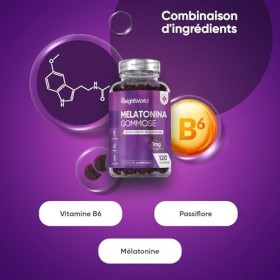 Gummies Melatonine 1mg - 120 Melatonine Gummies Vegan - Complexe avec Passiflore & Vitamine B6 pour Adultes - sans Gluten, sa