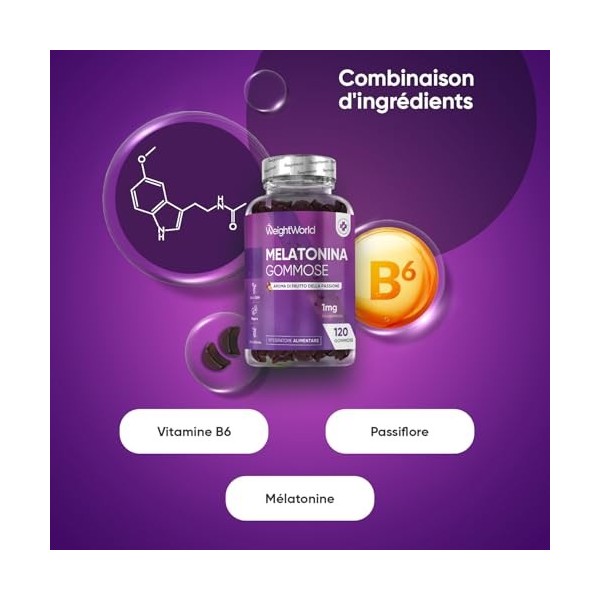 Gummies Melatonine 1mg - 120 Melatonine Gummies Vegan - Complexe avec Passiflore & Vitamine B6 pour Adultes - sans Gluten, sa