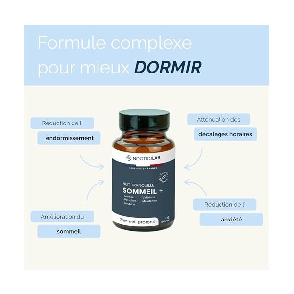 Sommeil + Nuit Tranquille – Complément Sommeil Naturel – Mélatonine 1,9 mg, Valériane, Passiflore, Mélisse, Houblon – Endormi